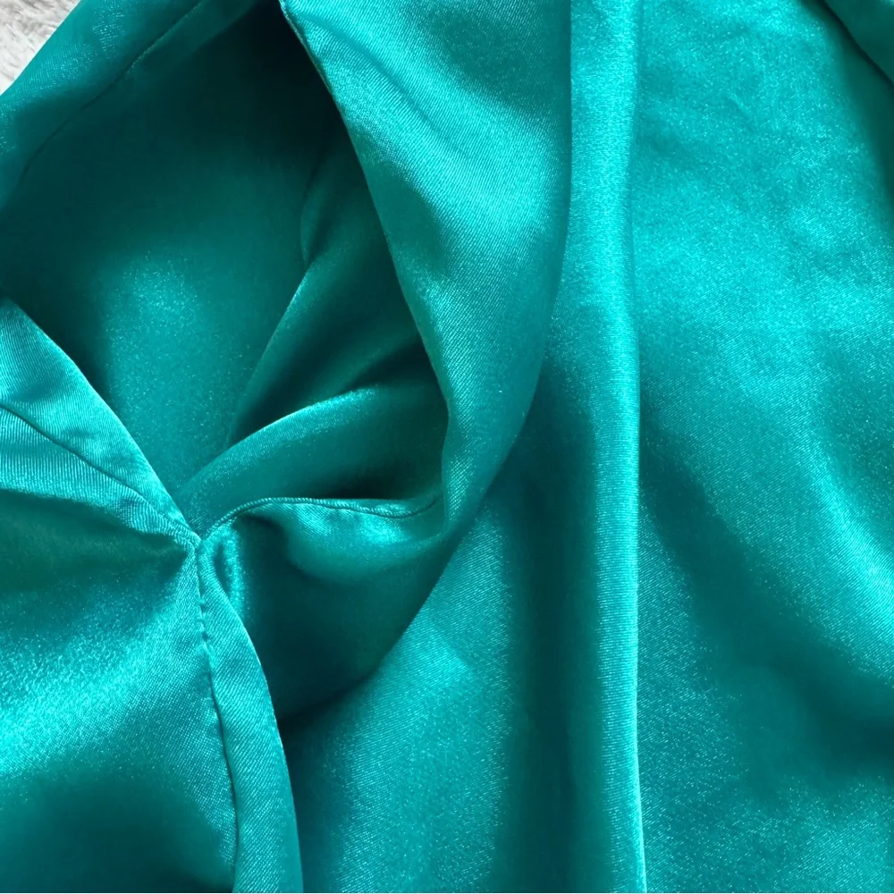Inner Most Vintage Teal‎ Satin Kimono Robe Polka Dot Trim XS Korea